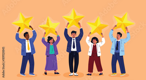 Diverse group of people holding up bright yellow stars in celebration