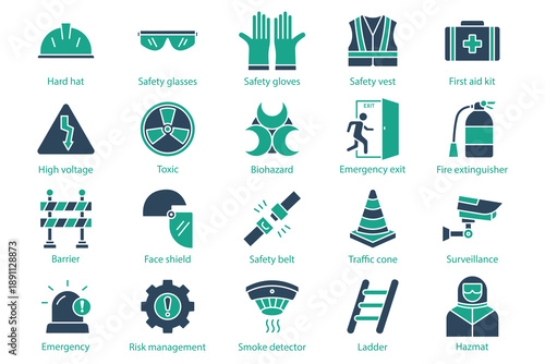 Work safety icon set. solid icon style. containing icon hard hat, first aid kit, emergency exit and more. safety element vector illustration