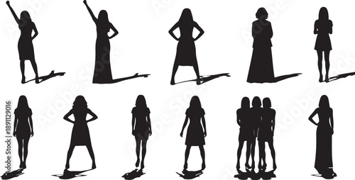 Silhouettes of women in various poses and dresses standing