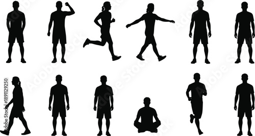 Sport people silhouettes running walking standing and meditating active lifestyle fitness poses collection isolated on white background healthy movement illustration