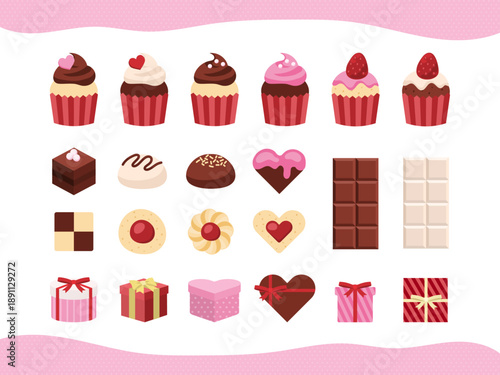 バレンタインスイーツとギフトボックスのイラストセット / Valentine Sweets and Gift Box Vector Illustration