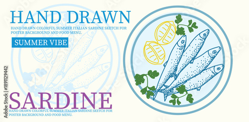 Hand drawn Italian sardine illustration with lemon and herb in a fresh Mediterranean summer style. Colorful seafood sketch perfect for restaurant menu, poster, packaging, branding and food design.