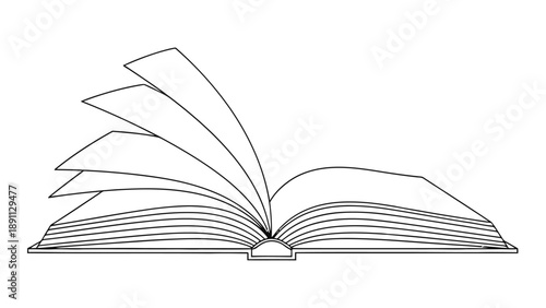 An open book with pages fanned out depicted as a simple black and white line drawing