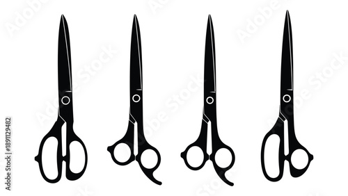 Four black silhouettes of scissors arranged in a linear pattern against a white background
