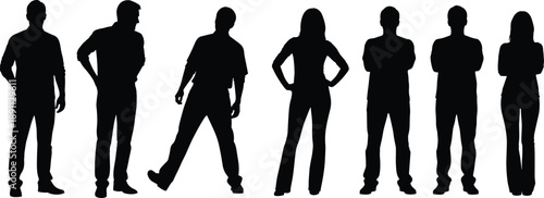 Standing people silhouette set showing male and female casual poses confident body language front view isolated on white background vector illustration collection