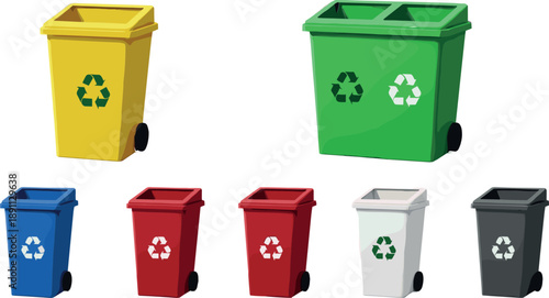 Colorful recycling bins and waste containers set with recycle symbols