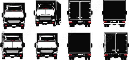 Delivery box truck vector set, cargo vehicle front rear views, commercial transport illustration, black flat design collection