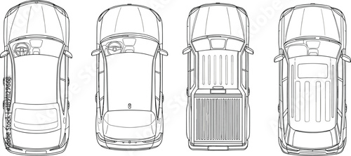 Top view car blueprint, vehicle CAD drawing, pickup truck outline, automotive technical plan, flat vector line illustration