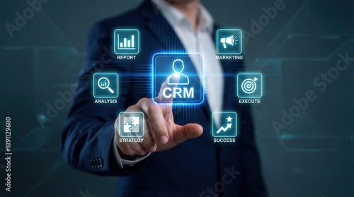 Business professional touching a virtual CRM interface with icons for report analysis strategy marketing execute success dark blue background