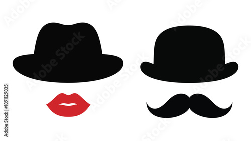 Black silhouettes of hats lips and a mustache create a playful face