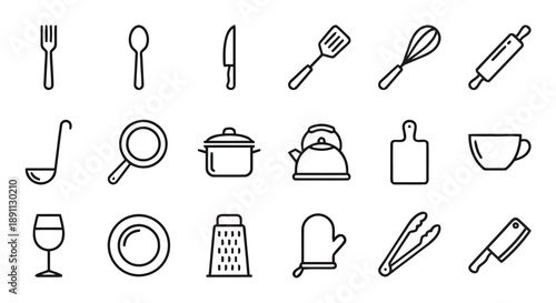 Kitchen utensil icons in simple line art style, featuring tools for cooking, baking, and dining, ideal for recipes, menus, and culinary websites.