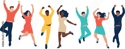 Group of diverse happy people jumping and celebrating in flat design style