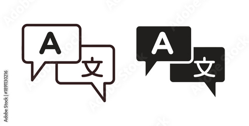 Language translation icons, showing speech bubbles with letters A and Chinese character, in outline and solid styles for communication services