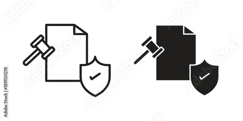 Legal document icon with gavel and shield outline and filled silhouette isolated on white background, representing justice and protection, simple vector illustration