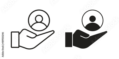 Hand holding person icon outline and solid silhouette style for customer care support service or user profile concept isolated on white background, graphic vector symbol