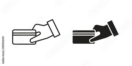Hand holding credit card icon outline and filled black silhouette for financial transactions and payment processing services, representing commerce and shopping