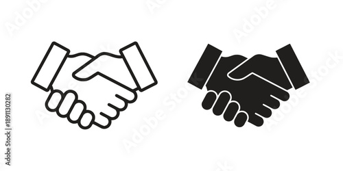 Handshake icon set in outline and solid black styles representing business agreement partnership cooperation and trust with clasped hands symbolising deal closure and handshake concept