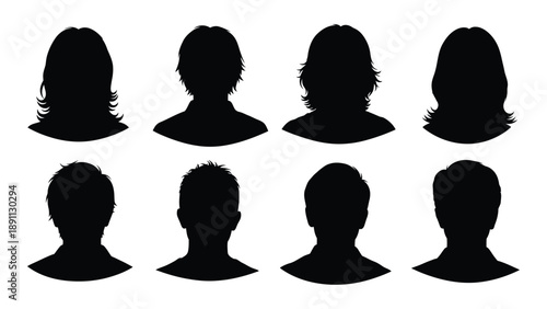Eight black silhouettes of heads and shoulders varying in hairstyle and shape