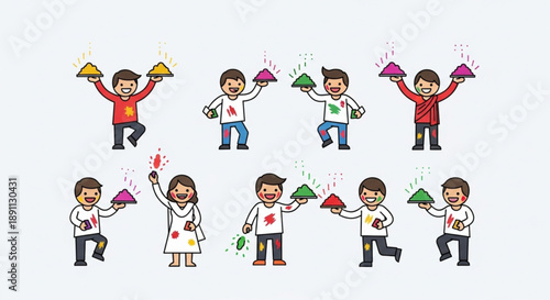 People celebrating with colorful holi powder in joyful playful scenes with friends and family members