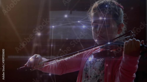 school-age music student raising violin bowing strings with network lines practicing precision