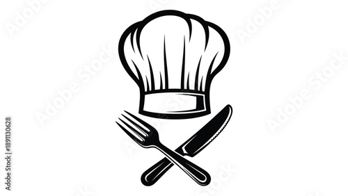 A black and white illustration of a chef s hat with crossed fork and knife