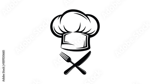A black and white illustration depicting a chef s hat with crossed cutlery below