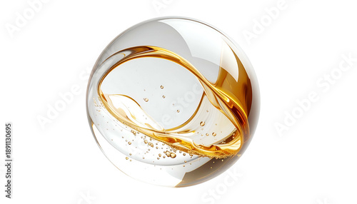 Sphere shows fluid within, with golden flow, tiny bubbles, on a stark black background