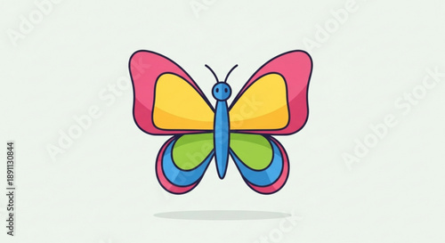 Colorful butterfly with pink yellow green and blue wings spread wide on light background