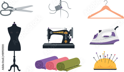 Vintage and modern sewing equipment set with mannequin and iron