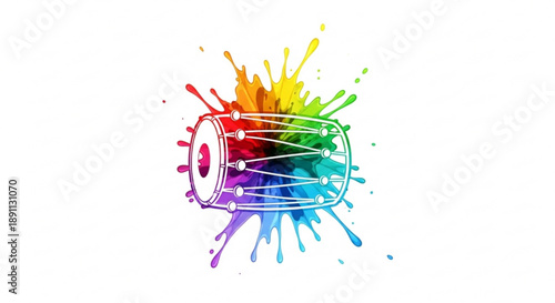 Vibrant colorful djembe drum with rainbow paint splashes on white background symbolizing music and creativity