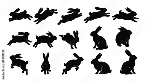 A collection of black silhouettes depicting rabbits in various jumping and sitting poses