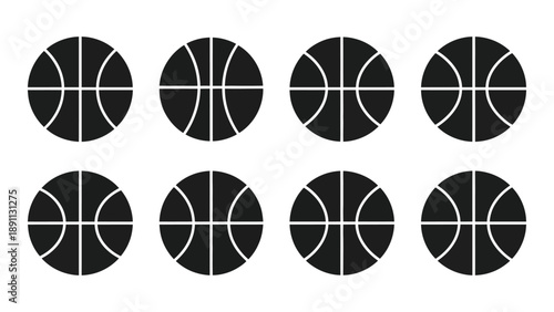 Eight black basketballs arranged in a grid pattern on a white background