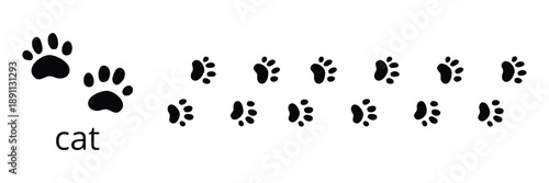 Cat paw print silhouettes in horizontal pattern. Suitable for pet, veterinary, and animal themed designs.