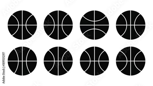 Eight black basketballs arranged in a grid pattern on a white background