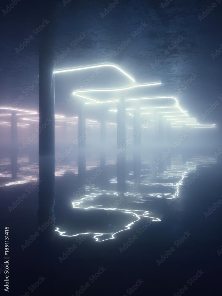 Fototapeta premium Digital art piece that appears to be a photograph of a long exposure shot of a pier at night.