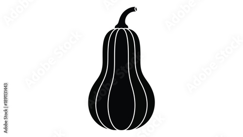 A simple black silhouette of a gourd with a curved stem on a white background