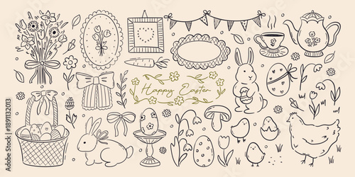 Playful line art vector illustrations for Easter celebration. Hand-drawn whimsical drawings of bunny, basket with eggs, flowers and elements for cottagecore garden party. Quirky spring coquette design