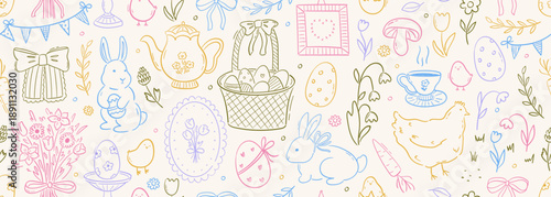 Whimsical Easter party seamless vector banner with playful spring illustrations in pastel colors. Cottagecore background with line art vintage garden elements. Cute egg hunt pattern