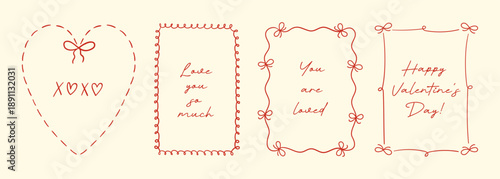 Set of minimalistic Valentine's day coquette frames with swirls, bows and ribbons. Line art whimsical borders for wedding party design. Bachelorette card vector templates