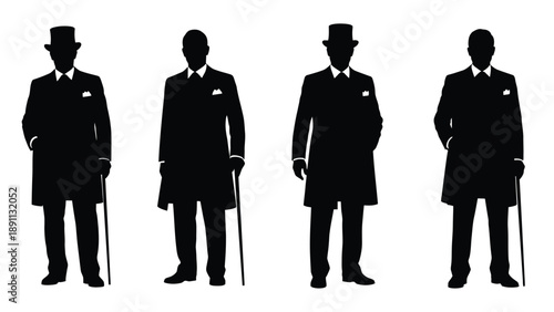 Four silhouetted men in suits and hats some holding canes stand in a row