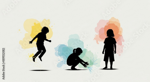 Silhouetted children playing and standing together surrounded by colorful watercolor splashes on a clean white background