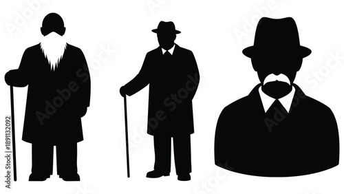 Three silhouetted figures of elderly men with hats and canes are depicted