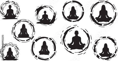 Meditation silhouettes in circular brush strokes black and white