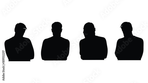 Four silhouetted figures of men standing in a row against a white background