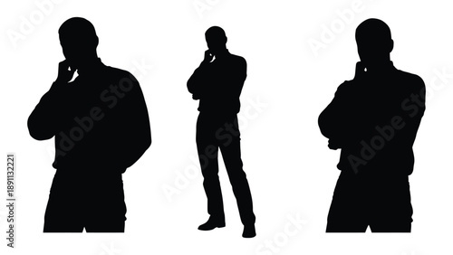 Three silhouetted figures of men in suits appearing to be in conversation