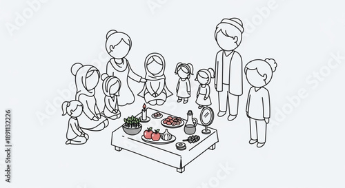 Family gathering around a table with food celebrating a special occasion or holiday meal together