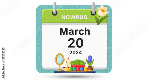 Spring calendar page march 20 2024 with flowers mirror and makeup on a tray symbolizing nowruz celebration