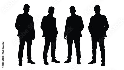 Four silhouetted men stand in a row all wearing suits and appearing formal