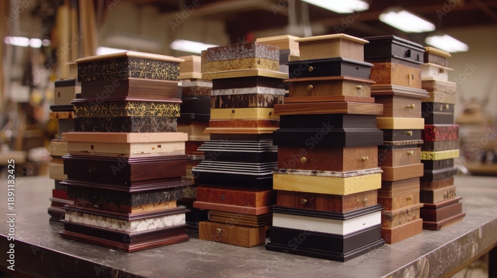 Obraz premium A collection of meticulously crafted miniature wooden boxes stacked in an artistic display