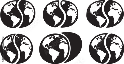 Yin Yang Earth Globe Icons in Black and White